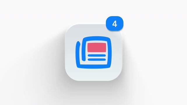 Newspaper app icon featuring animated notification badge with counter 1 to 99, dynamic shadow effect, minimalist daily press business news concept, on white background. 