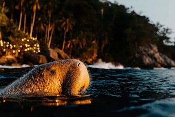 Naklejka premium Dugong surfaces, whiskered nose above water. Tropical shoreline with palms and lights in the background. Marine wildlife close-up