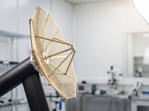 Gold mesh deployable satellite antenna reflector mounted on carbon fiber composite boom in cleanroom laboratory environment