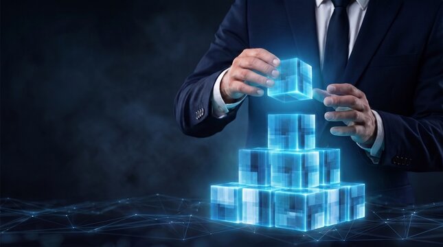 Business Hands Building Glowing Transparent Digital Cubes Stack for Enterprise Architecture and Technology Infrastructure Concept
