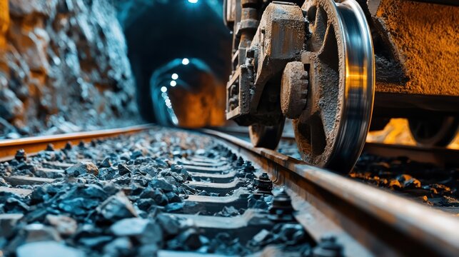 Close up of a train wheel on railroad tracks entering a tunnel.