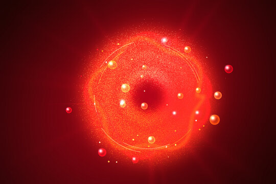 Abstract red pixel art circle with glowing light particles floating in dark space for retro game background design