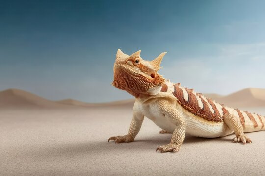 A spiny, scaled reptile, the bearded dragon, is seen standing in its arid habitat, showcasing its distinctive features. This desert lizard is ready to face the wild