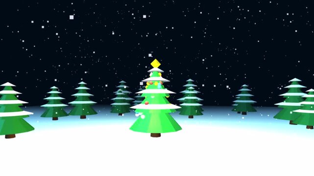 Low poly 3D Christmas tree with decorations in a snowy pine forest with falling snow animation loop