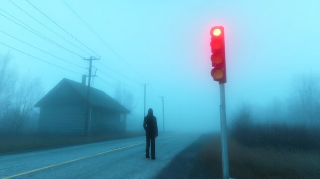 Lone Figure Stands Beside Red Traffic Light in Dense Foggy Morning.