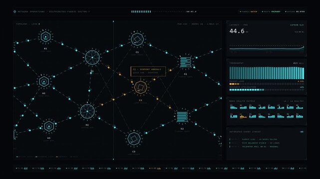 A dark enterprise network operations dashboard visualizes automated monitoring of infrastructure health across a fictional distributed network with abstract geometric structures and dynamic data flow.