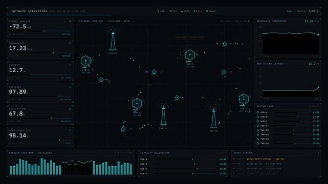 Experience a captivating 15-second dark-mode visualization of a telecom network operations dashboard showcasing 5G performance metrics and real-time monitoring of cellular infrastructure.