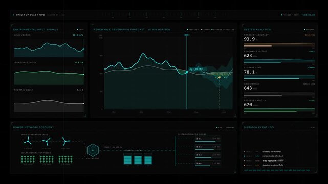 A premium dark enterprise dashboard visualization showcasing renewable energy forecasting and power management with animated abstract graphics and data analytics in a sleek design.