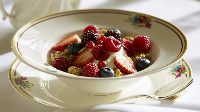 Serving a vibrant bowl of mixed berries, creamy yogurt, and crunchy granola for a nutritious and delicious morning meal