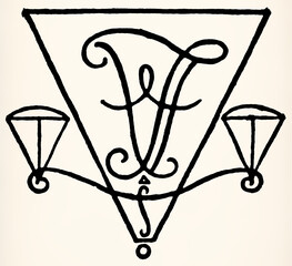 Stylized illustration of triangular frame with ornate decorations, central monogram-like symbol and symmetrical geometric shapes connected by curved lines. Antique illustration.