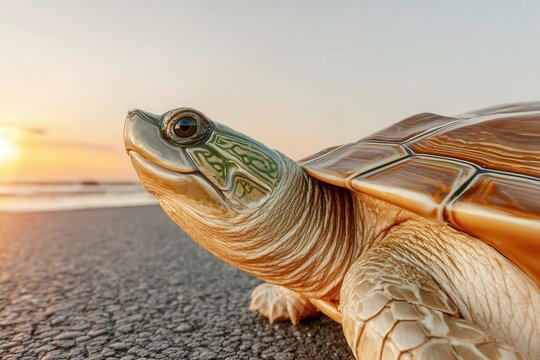 A captivating close-up reveals the gentle gaze of a sea turtle on the beach as the sun rises, epitomizing the quiet resilience and beauty of marine life