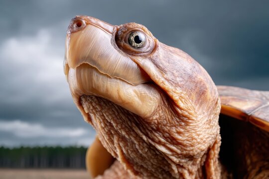 A close-up captures the striking details of a turtle's face against a dramatic sky, showcasing its unique texture and the beauty of wildlife