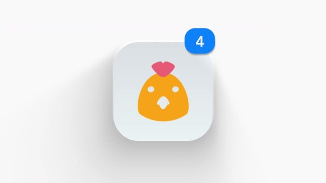 Chicken head app icon featuring animated notification badge with counter 1 to 99, dynamic shadow effect, minimalist rooster poultry farm concept, on white background. 