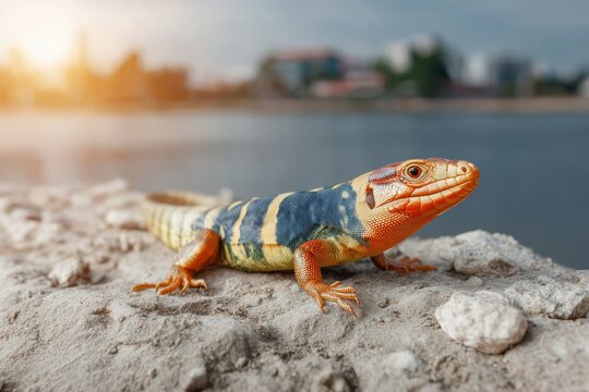 Colorful tegu lizard rests on a rock. Close-up reveals intricate details of this reptile's yellow stripes and orange head in its natural habitat