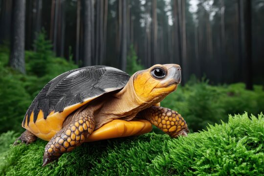 A striking yellow-footed tortoise rests upon vibrant green moss, showcasing nature's beauty with its contrasting colors and textures in a forest