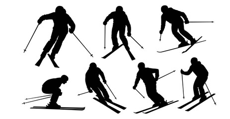 Fototapeta premium A collection of six silhouettes of people skiing in various positions on a solid white background