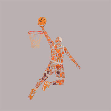 Artistic basketball player dunking vector, creative sports collage silhouette, orange basketball athlete illustration