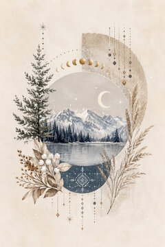 Boho Winter Mountain Landscape with Moon Phases and Botanical Elements