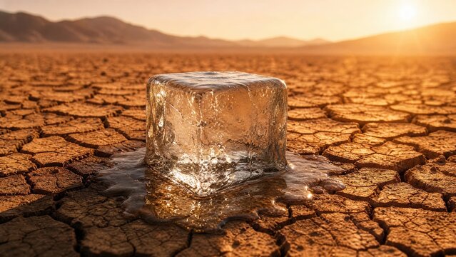 Melting ice cube on dry cracked desert earth representing global warming and climate change