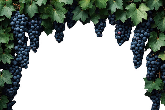 Rectangular grapevine frame with dark grape clusters isolated