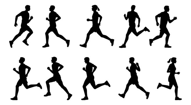 Ten black silhouettes of people running in profile on a white background, set for sports, activities d