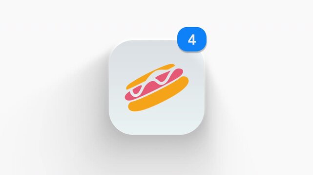 Hot dog app icon featuring animated notification badge with counter 1 to 99, dynamic shadow effect, minimalist sausage mustard fast food concept, on white background. 