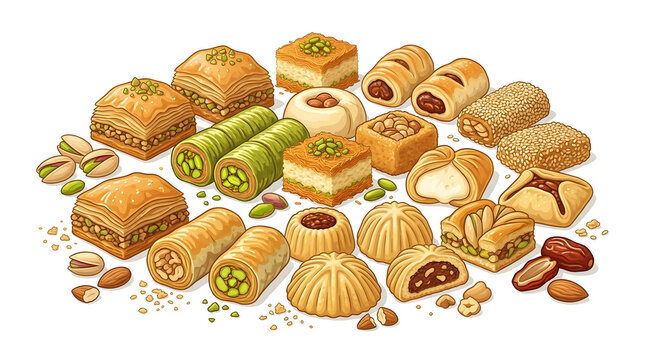  Assorted Arabic Desserts and Oriental Pastries Vector Set for Ramadan Mubarak Celebration