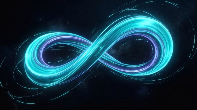 Infinity Symbol Glowing with Neon Blue Light Trails in Dark Cosmic Space Background