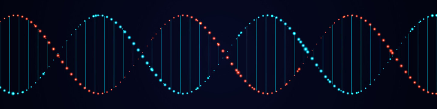 DNA helix digital illustration, glowing genetic spiral on dark background, medical biotechnology research concept, blue and red double helix