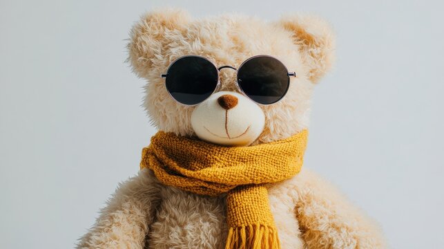 Cute teddy bear with sunglasses and scarf is ready for winter fashion fun.