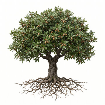 Holm Oak tree, mature full tree with dense evergreen rounded canopy, leathery dark green leaves and acorns, exposed visible roots, 11 ratio, isolated on seamless pure white background