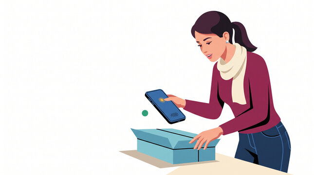 Young woman scanning a coupon on smartphone while opening a box  