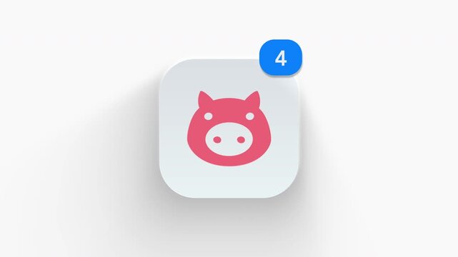 Pig head app icon featuring animated notification badge with counter 1 to 99, dynamic shadow effect, minimalist pork butcher farm concept, on white background. 