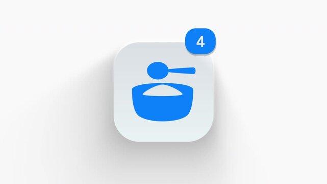 Rice porridge app icon featuring animated notification badge with counter 1 to 99, dynamic shadow effect, minimalist hot Asian breakfast congee concept, on white background. 