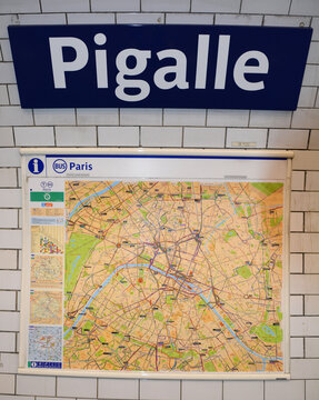 PARIS FRANCE: Sign of  Pigalle station of the Paris Metro (short for Metropolitain; French: Metro de Paris is a rapid transit system in the Paris metropolitan area, France.
