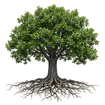 Water Oak &mdash; Water Oak tree, mature full tree with rounded canopy, glossy green leaves and acorns, exposed visible roots, 11 ratio, isolated on seamless pure white background