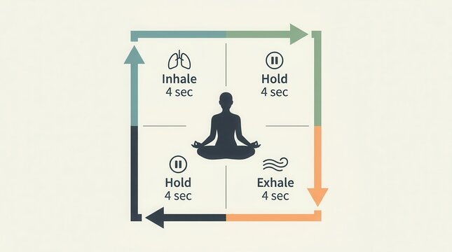 Box breathing technique diagram with inhale, hold, and exhale steps.