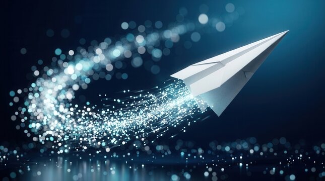 A smooth transition symbolized by a paper airplane and a glowing digital particle trail.