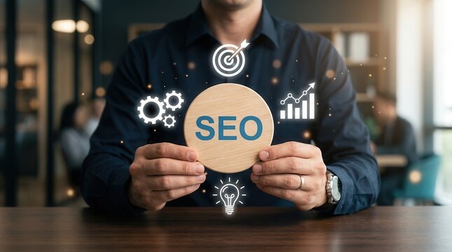 Marketer presenting SEO concept with optimization analysis tools and search engine rankings.