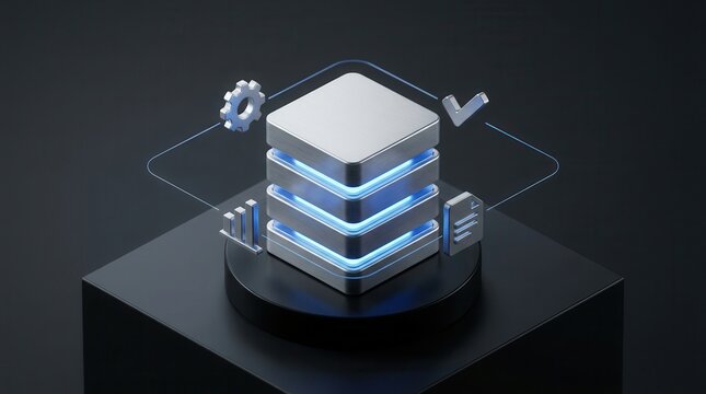 Automated information workflow illustration with silver data server stack and business analytics icons in isometric view.