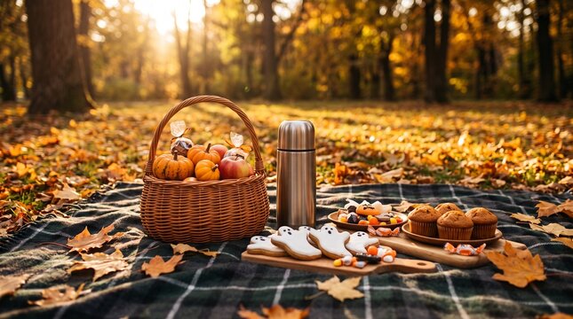 Picnic basket and food on a blanket in a sunny autumn forest