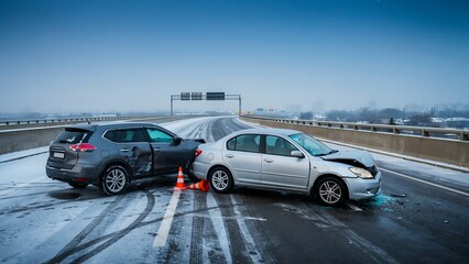 Fototapeta premium Two damaged cars involved in a highway accident on a cold winter day