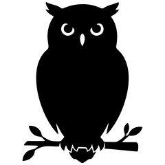 Black owl silhouette sitting on leafy branch for nocturnal wildlife and wisdom concept art.