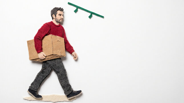 Man walking with cardboard boxes in a creative paper art scene  