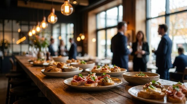Corporate networking event concept featuring delicious food and blurred executives socializing.