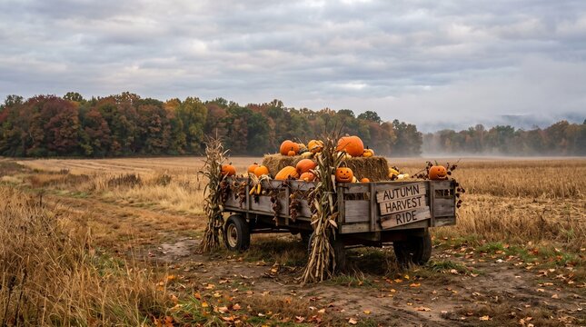 Old wooden wagon full of pumpkins in a rural autumn field