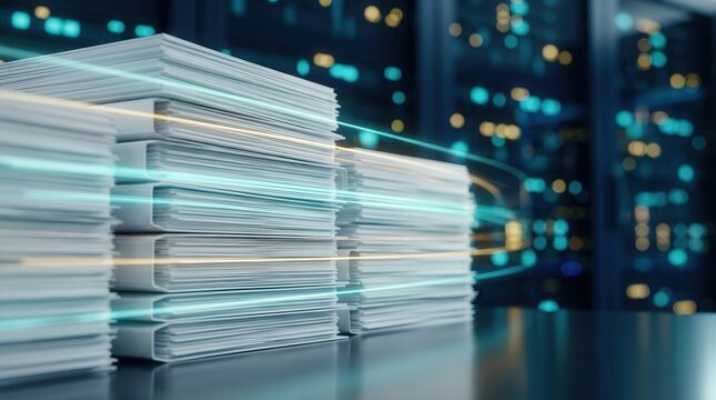 Enterprise content management and secure record governance represented by document stacks in a server room.