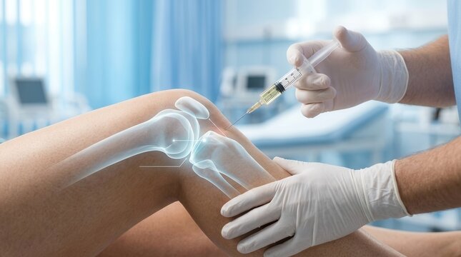 Clinician performing a knee joint injection for non-surgical orthopedics treatment of osteoarthritis.