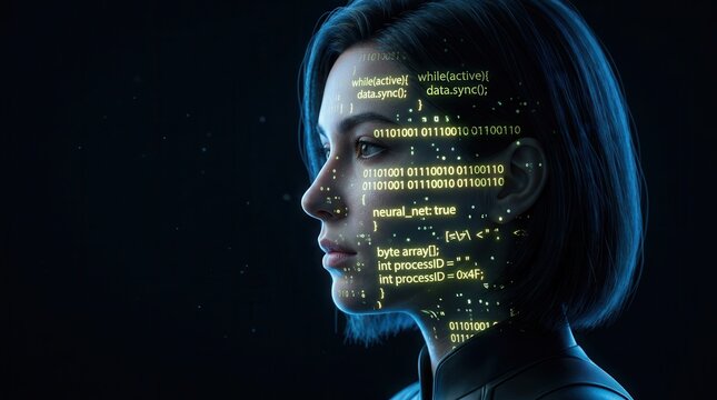Digital intelligence and user interface technology shown through a person's face and binary code.