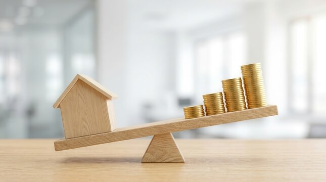 A wooden seesaw scale representing property value and housing affordability with a model house and gold coins.